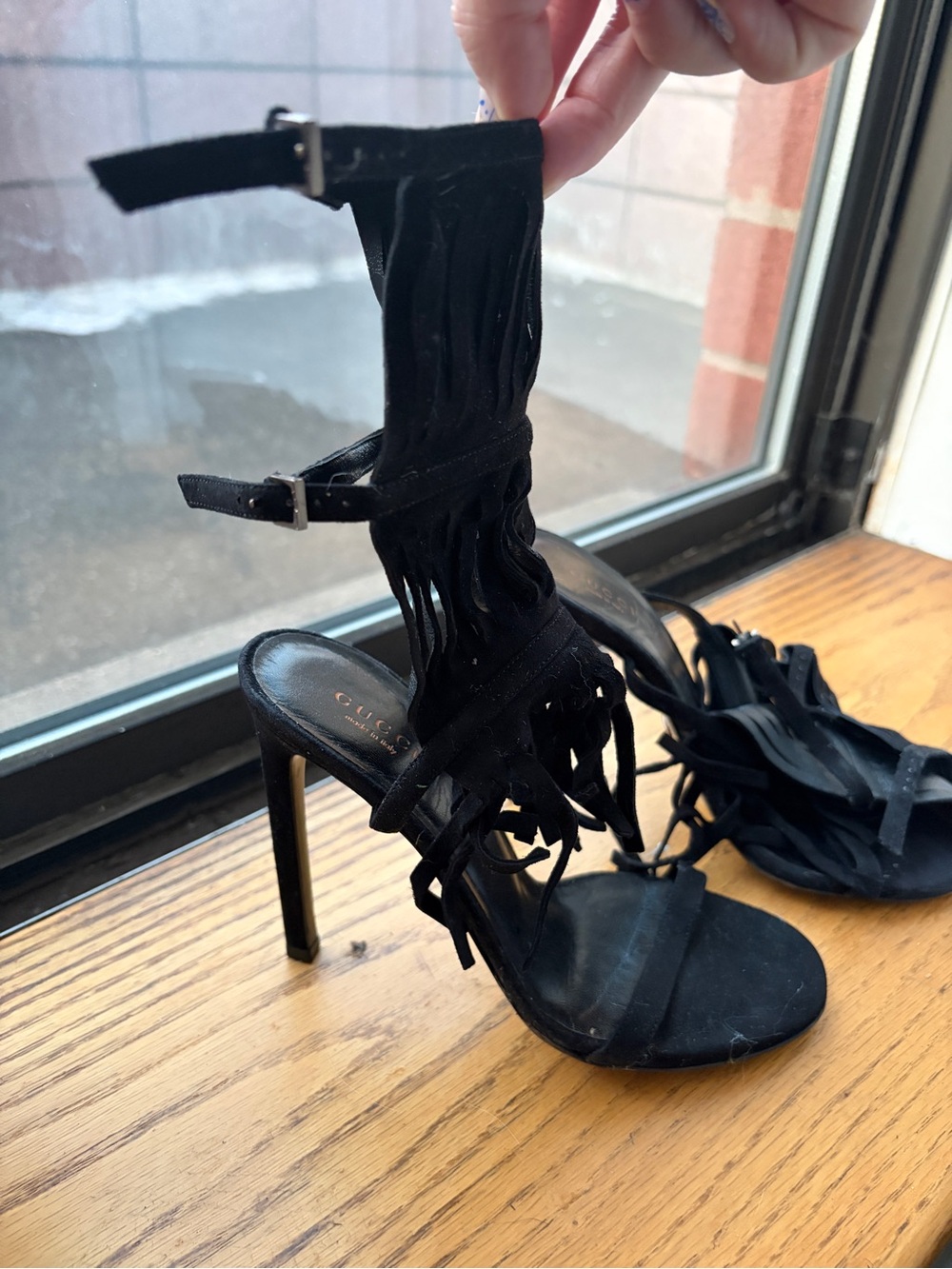 Gucci Black Suede Fringe Stiletto Sandals - Picture 2 of 8
